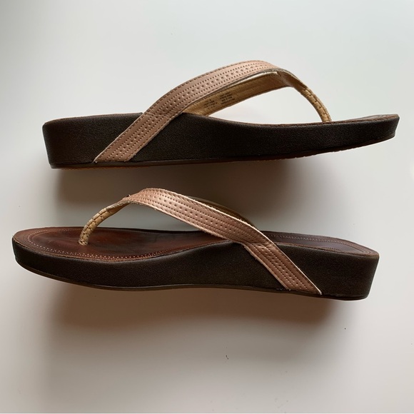 OluKai Ola Bronze Gold Brown Comfort Leather Wedge Sandals - Picture 3 of 8